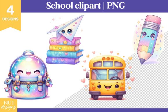 Back to School Clipart, Iridescent Kawaii