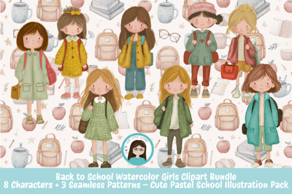 Back to School Watercolor Girls Clipart