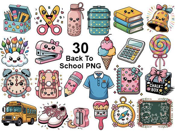 Kawaii Back to School PNG Clipart Bundle